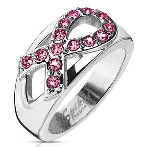 Pink Ribbon Gem Cancer Awareness Cast Band Ring Stainless Steel - October Month